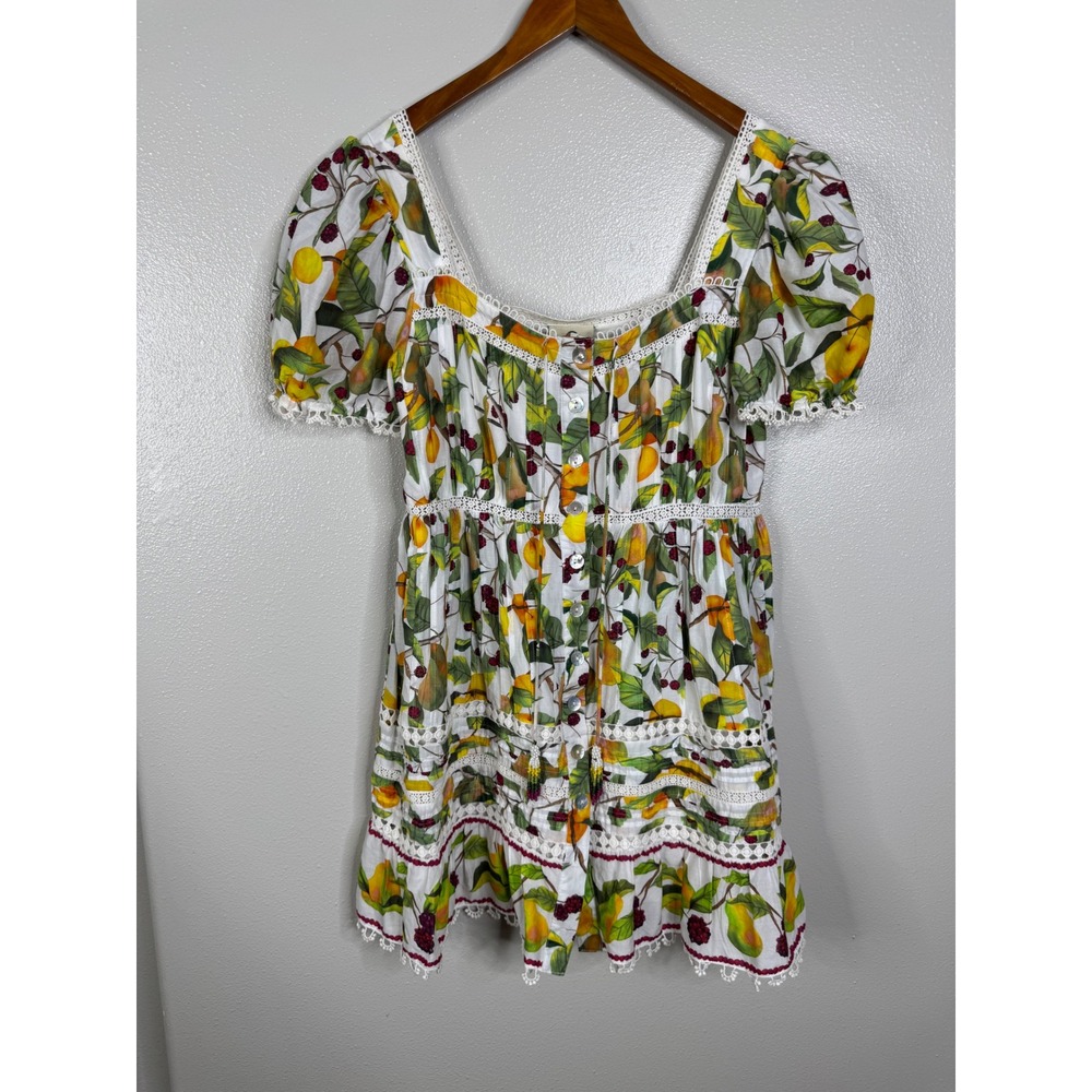 Farm Rio Fruit Print Cotton Mini Dress Lace Trim Beaded Tassel White Multi Med